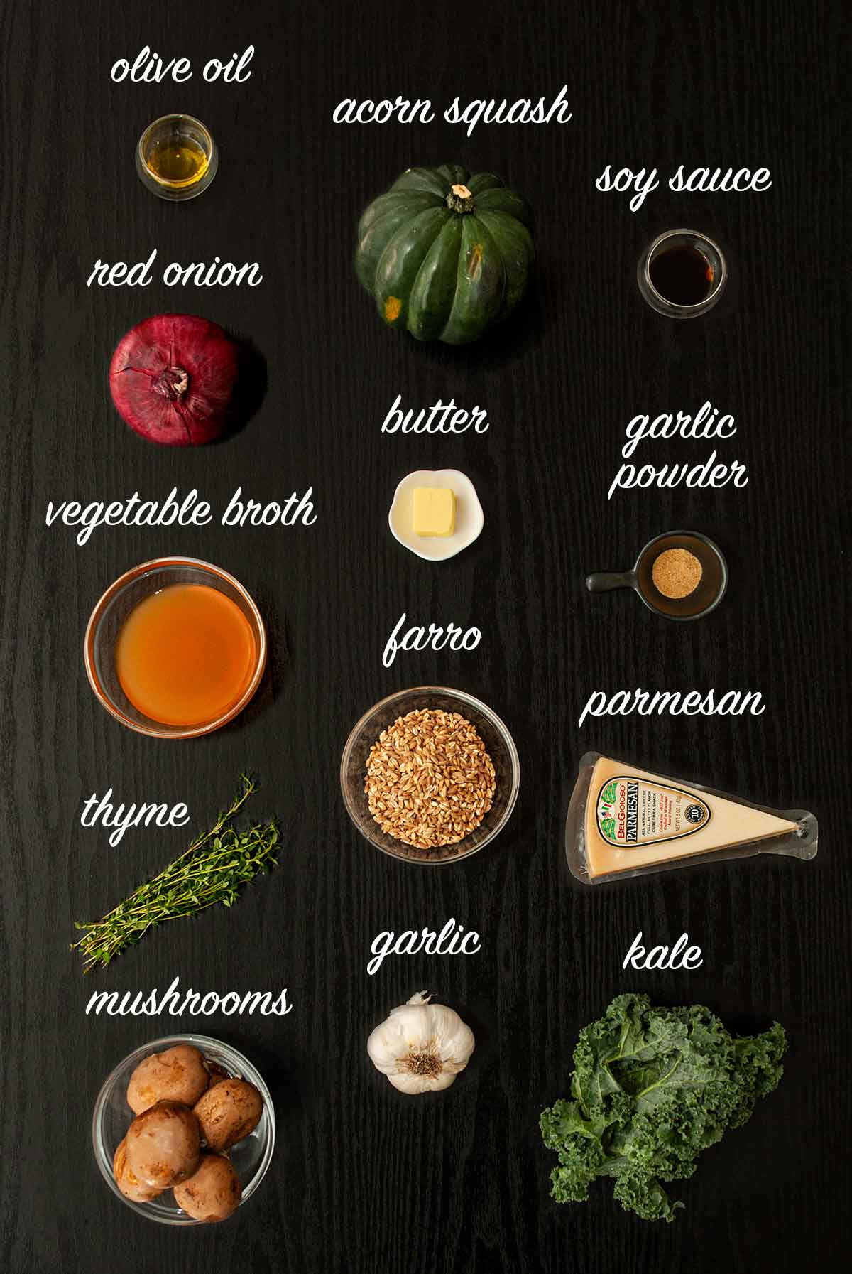 13 ingredients on a table with labels describing what they are.