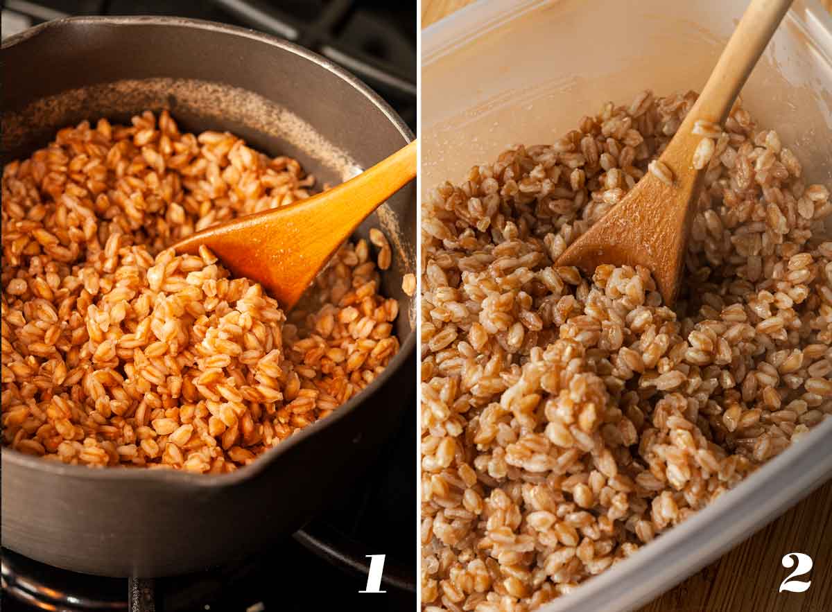 2 numbered images showing how to make farro.