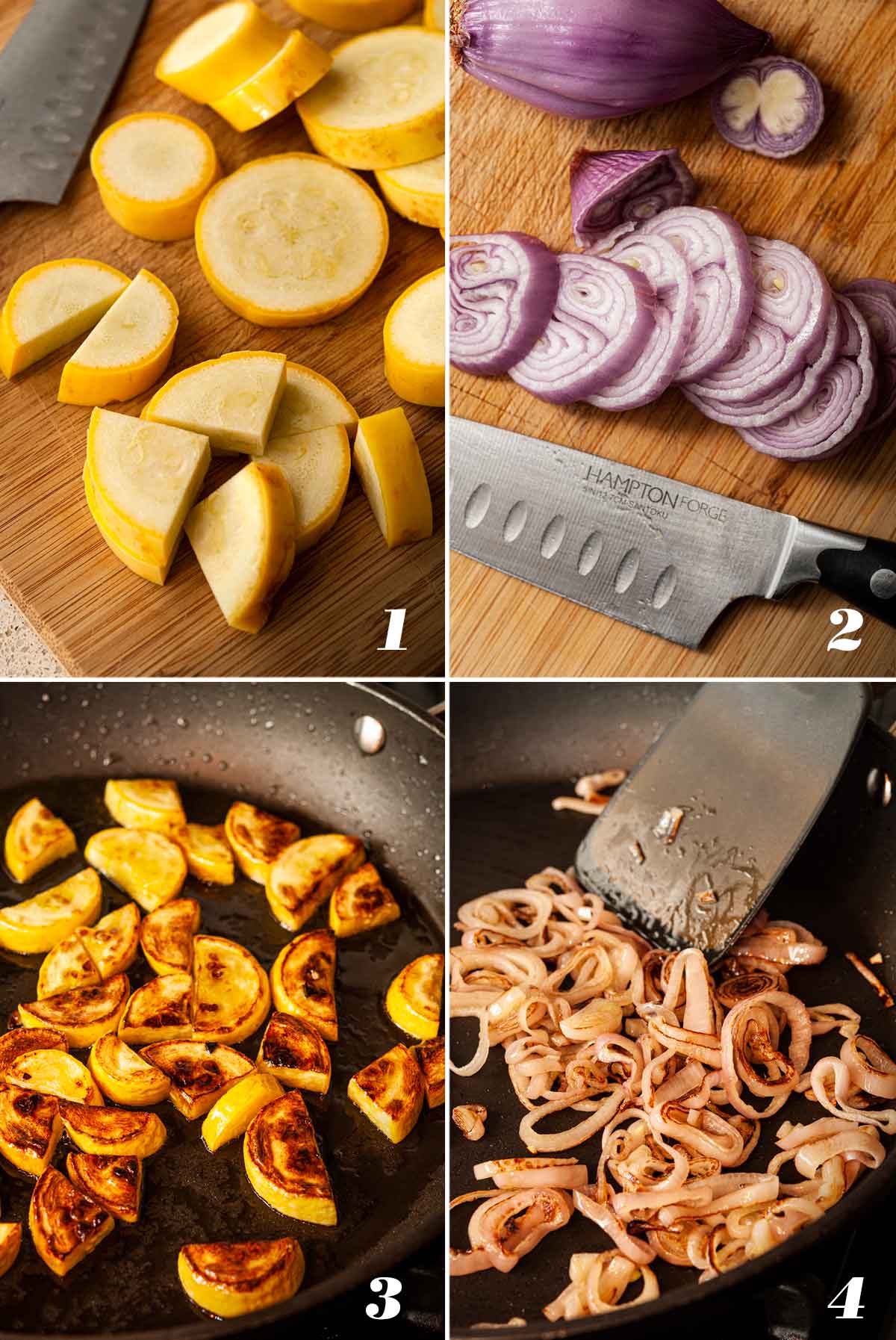 A collage of 4 numbered images showing how to slice and sauté vegitables.