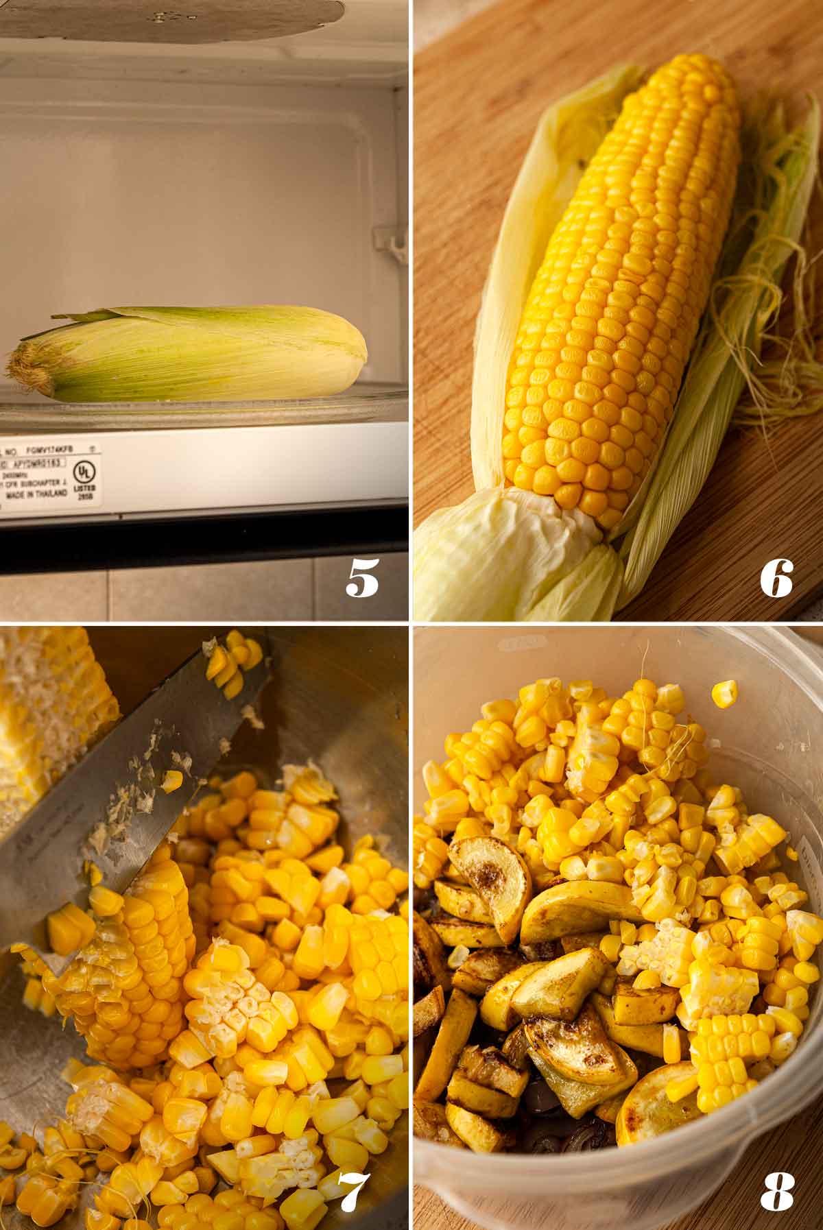 A collage of 4 numbered images showing how to microwave and slice corn.