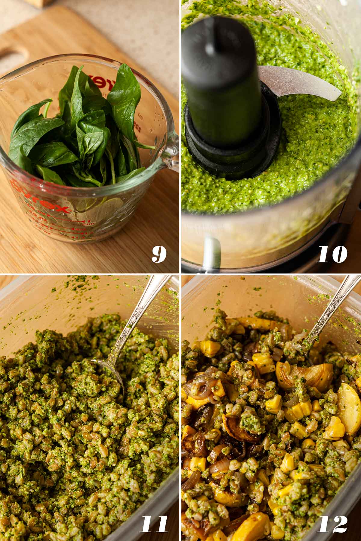 A collage of 4 numbered images showing how to make pesto and mix with farro and vegetables.