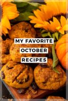 6 pumpkin scones surrounded by sundlowers and small pumpkins with a title that says "My Favorite October Recipes."