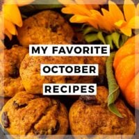 6 pumpkin scones surrounded by sundlowers and small pumpkins with a title that says "My Favorite October Recipes."