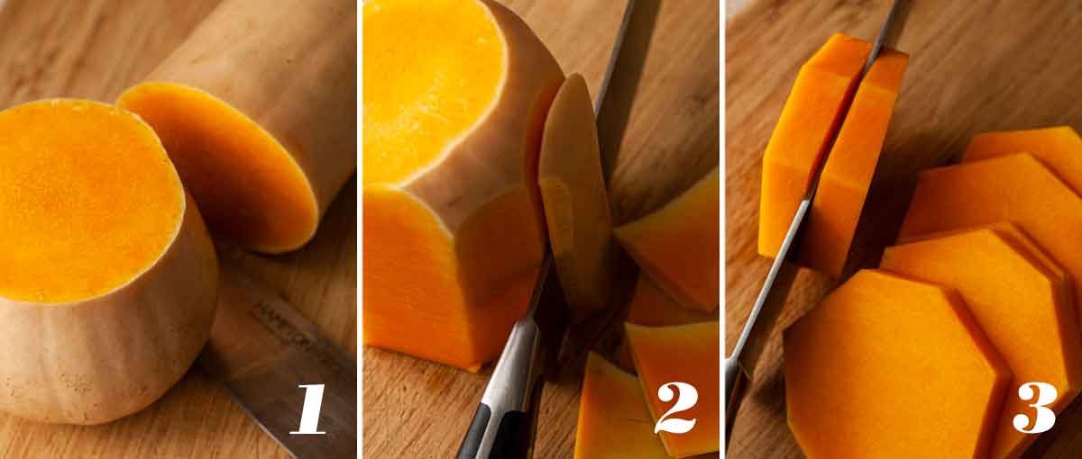 3 images showing how to slice butternut squash.