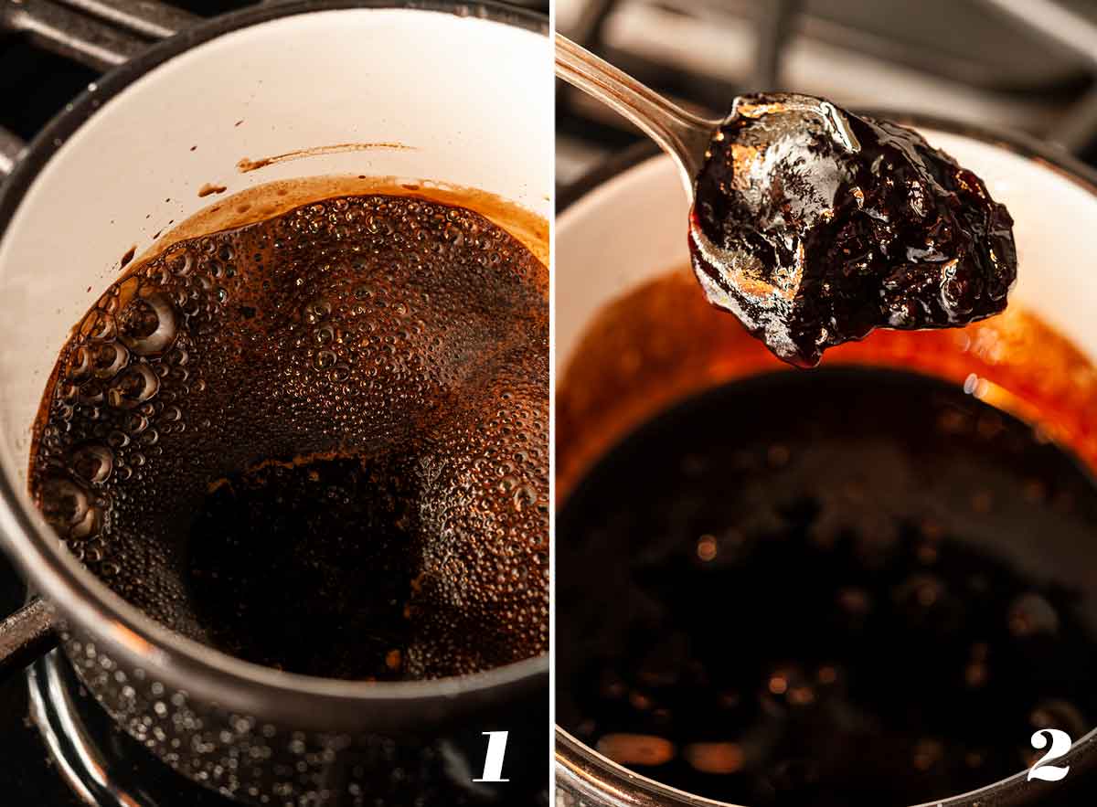 2 numbered images showing how to make blackberry balsamic galze.