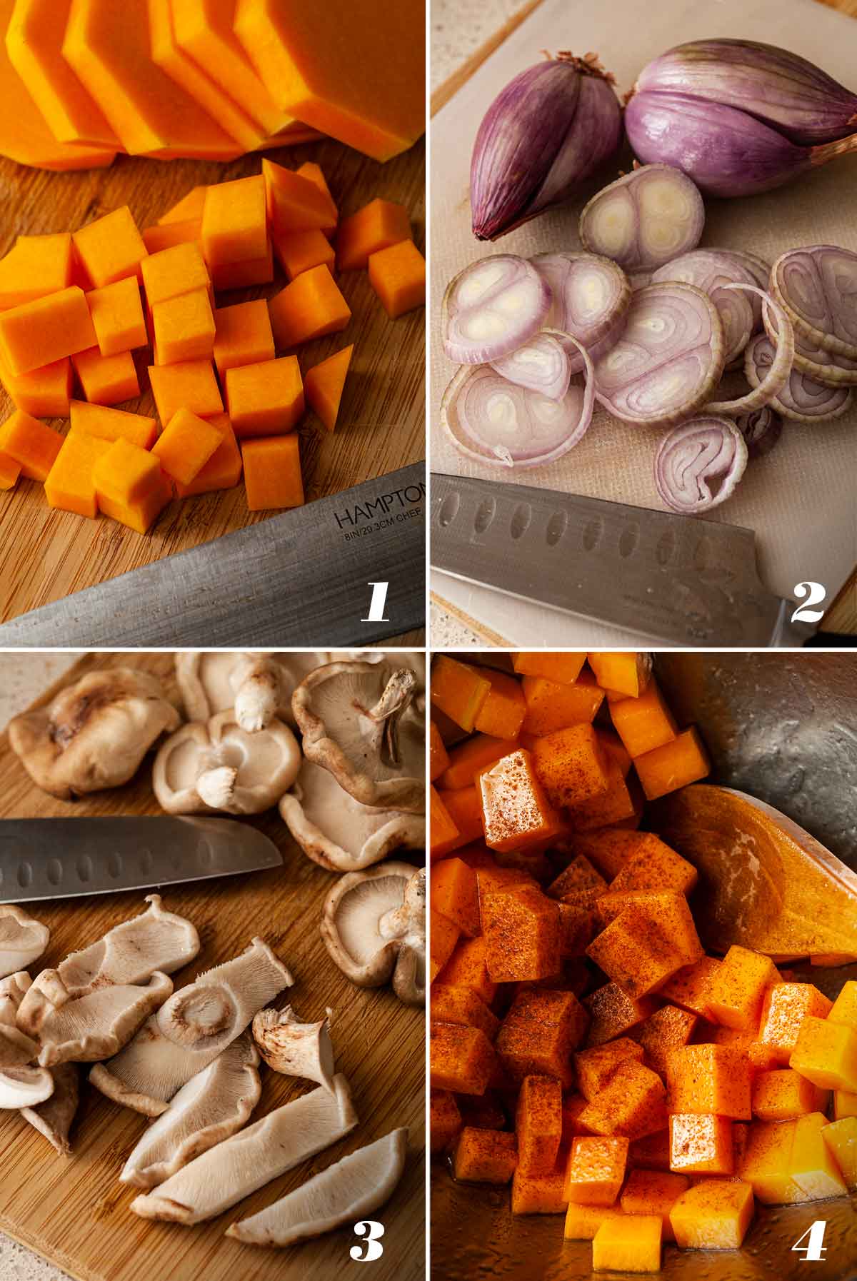A collage of 4 numbered images showing how to prepare vegetables.