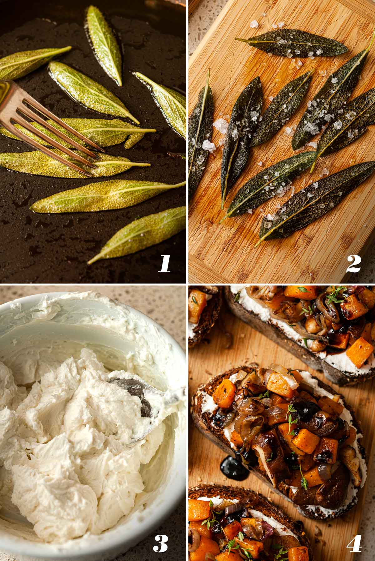 A collage of 4 numbered images showing how to fry sage leaves and assemble crostini.