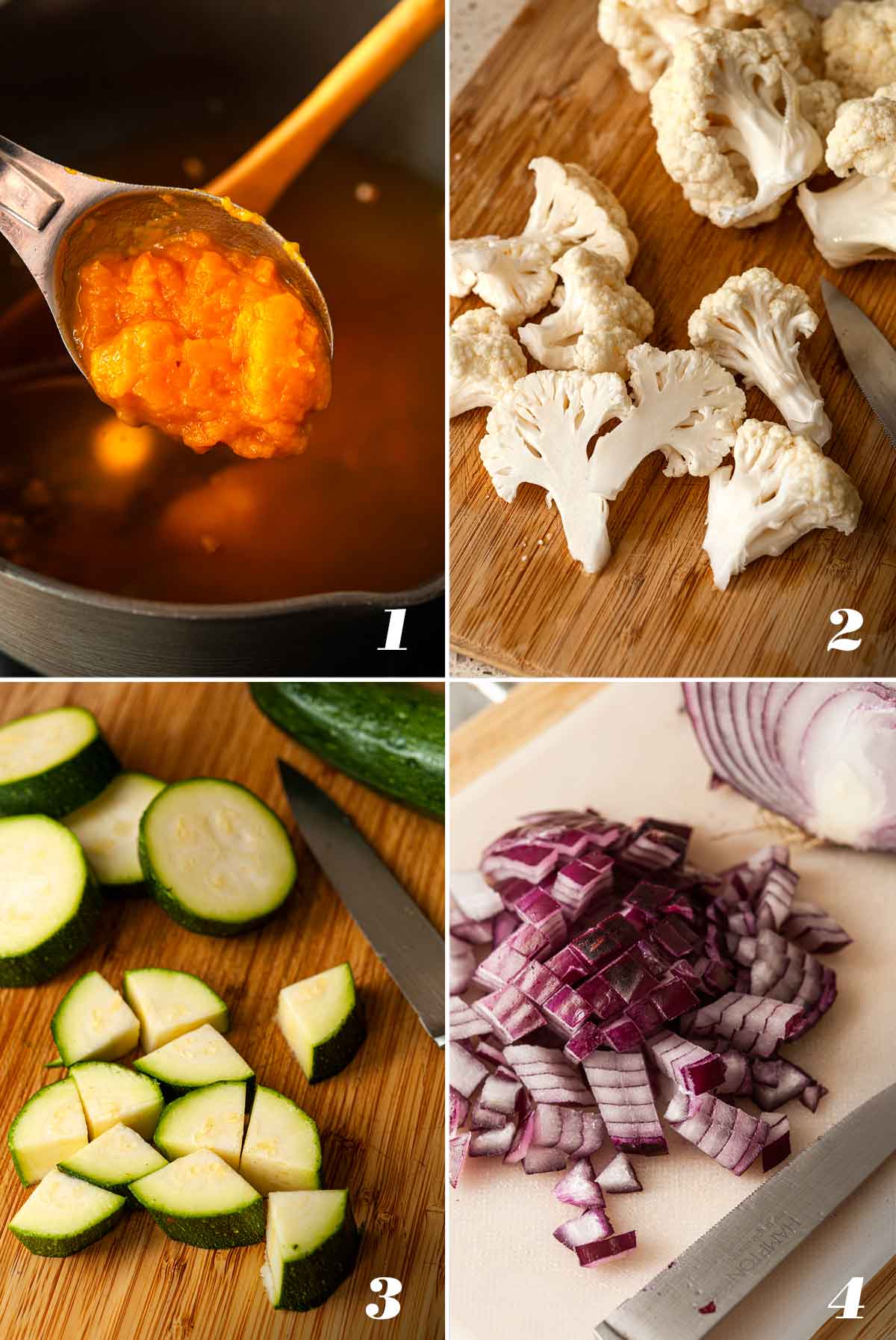 A collage of 4 numbered images showing how to prep vegetables and rice.