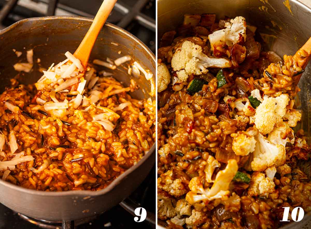 2 numbered images showing how to mix pumpkin rice with vegetables.