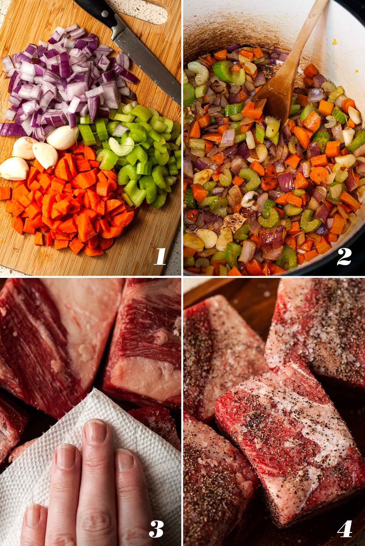 A collage of 4 numbered images showing how to prep ingredients for braised short ribs.
