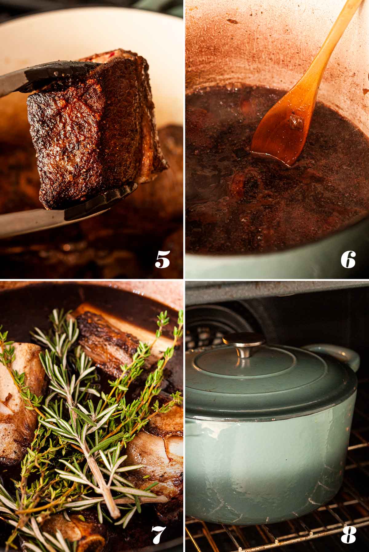 A collage of 4 numbered images showing how to brown meat and prepare for braising.