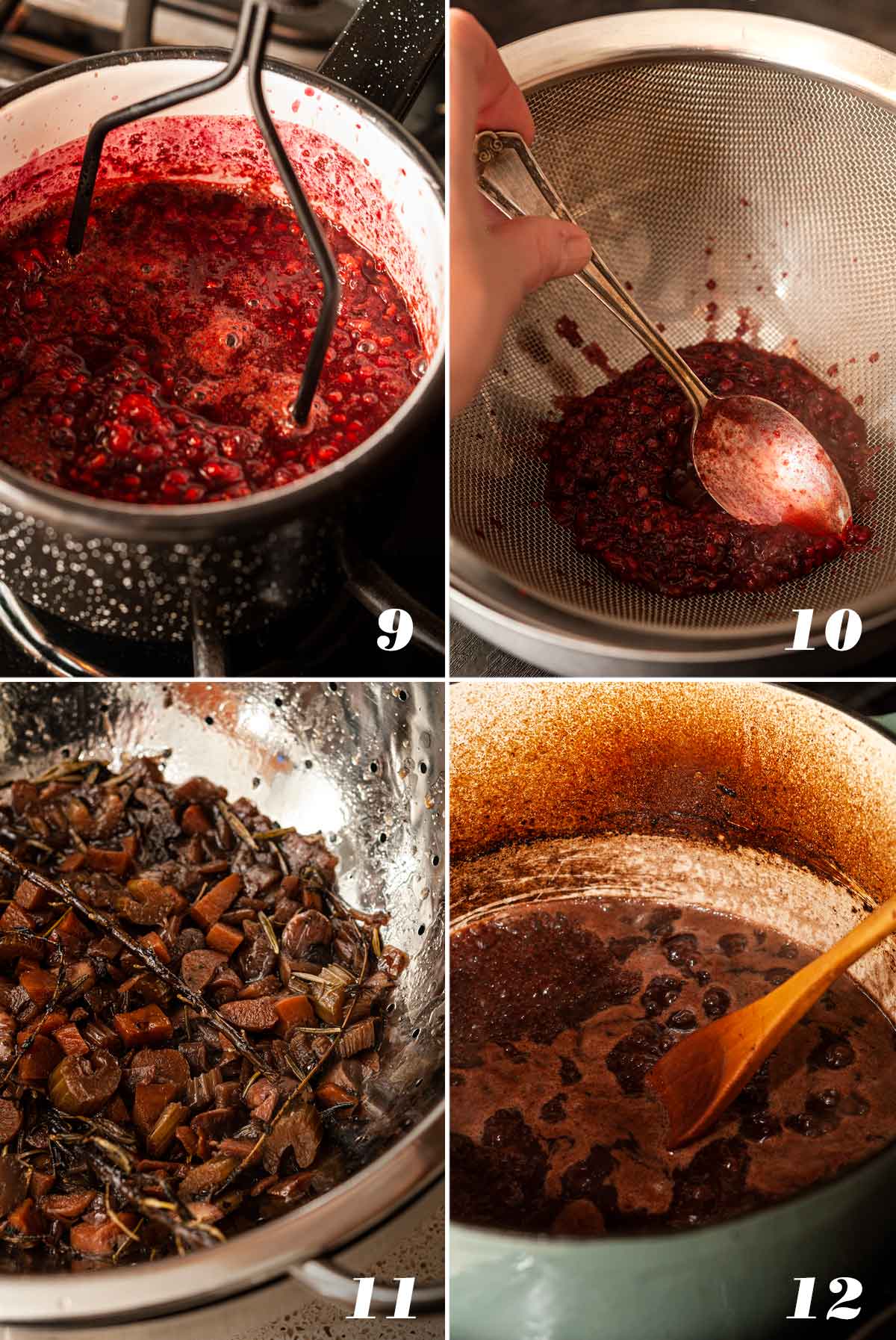 A collage of 4 numbered images showing how to make blackberry reduction and sauce.