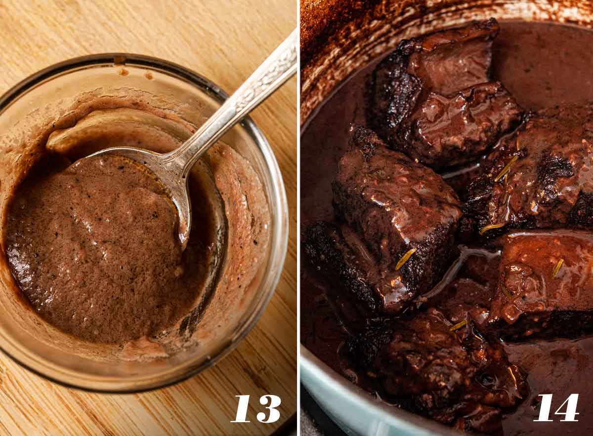 2 numbered images showing how to make and add slurry to braised short rib sauce.