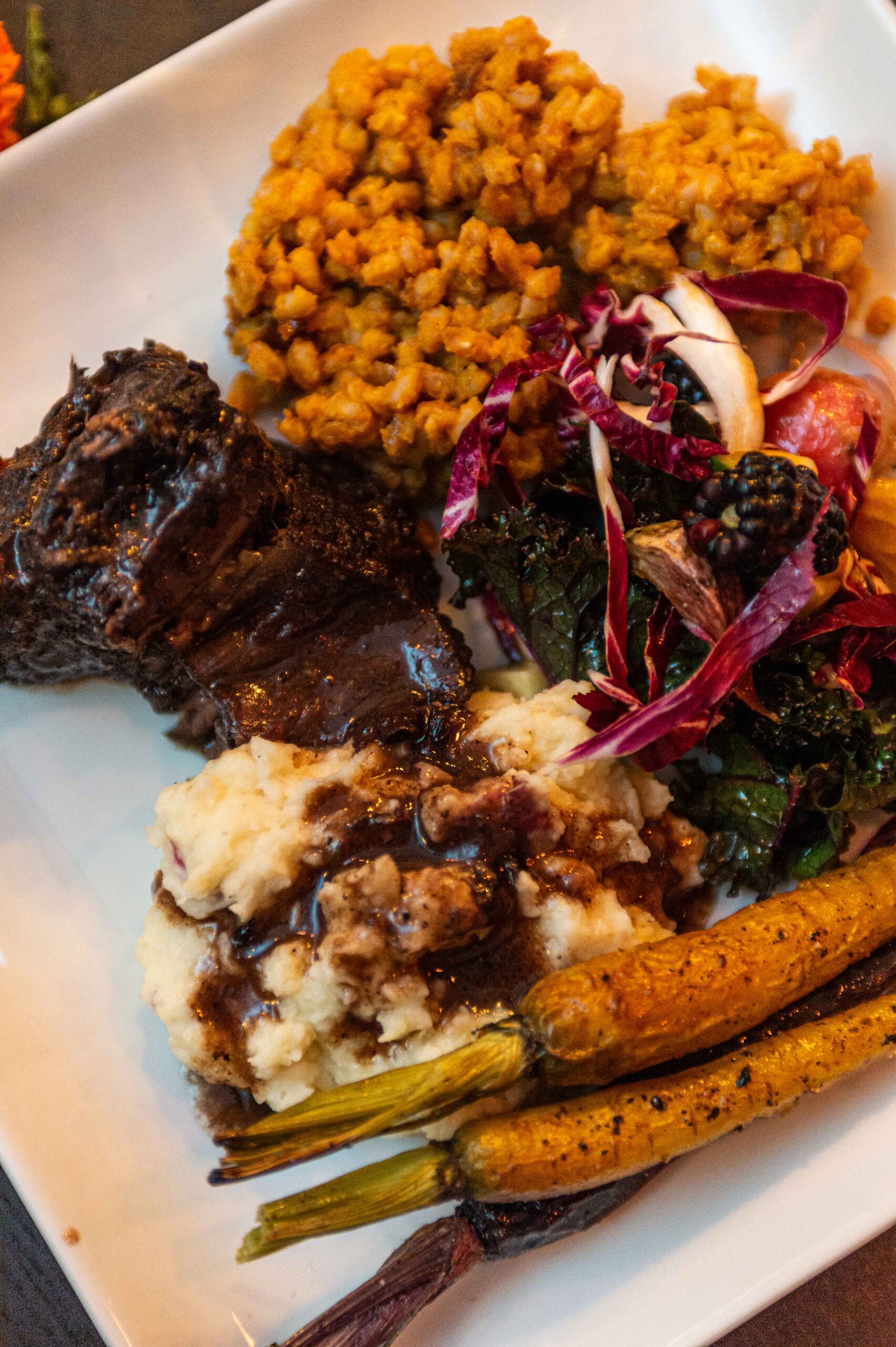 A plate of meat, vegetables, mashed potatoes and farro.