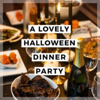 A dinner table with a title that says "A Lovely Halloween Dinner Party."
