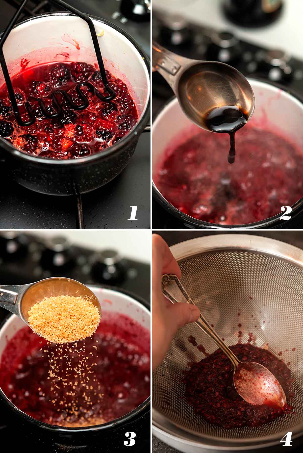 A collage of 4 numbered images showing how to make seedless blackberry sauce