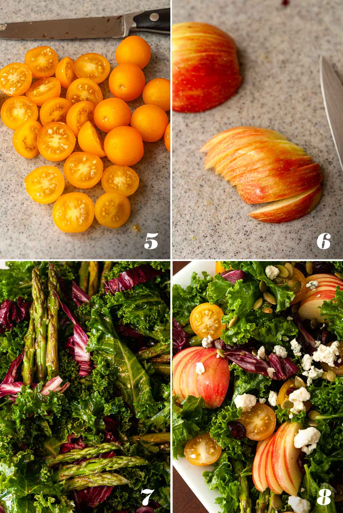 A collage of 4 numbered images showing how to assemble an apple salad.