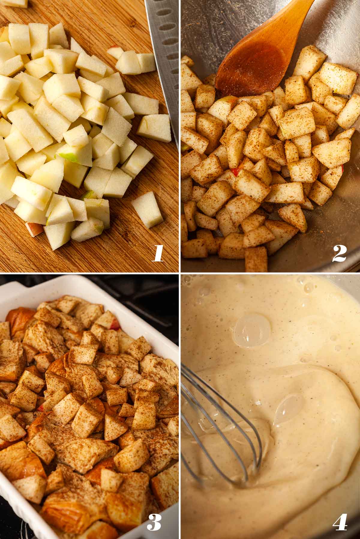 A collage of 4 numbered images showing how to prep chai apple french toast.