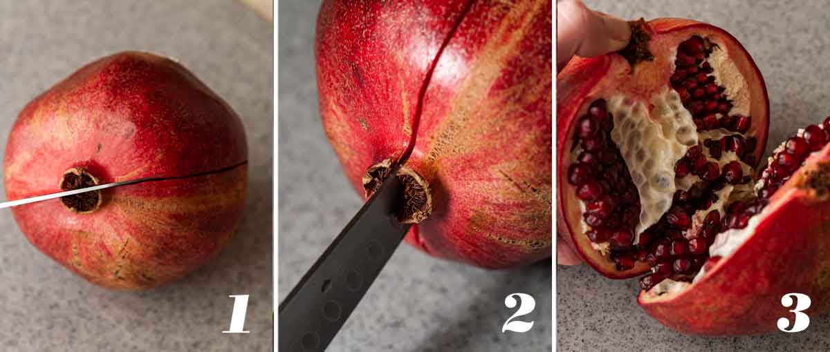 3 numbered images showing how to cut a pomegranate.