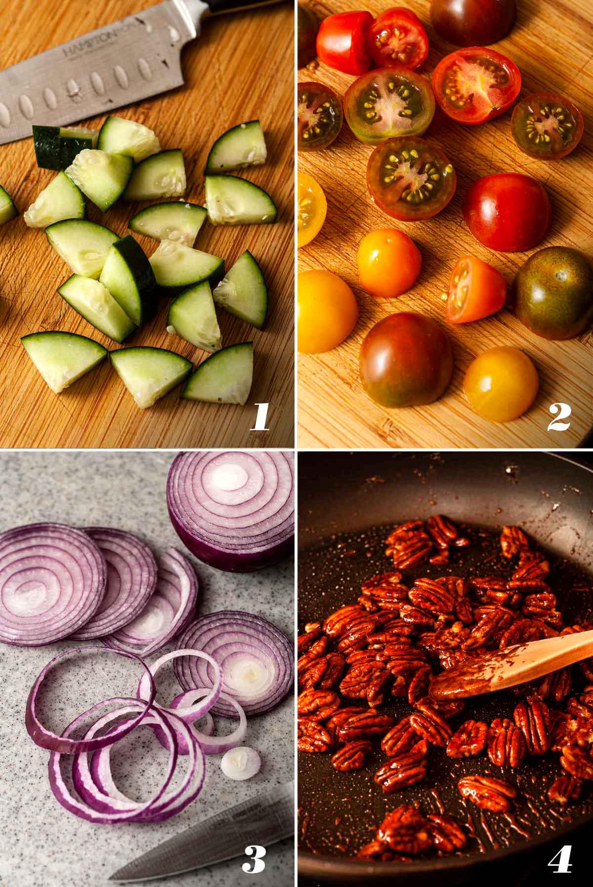 A collage of 4 numbered images showing how to slice vegetables and candy pecans.