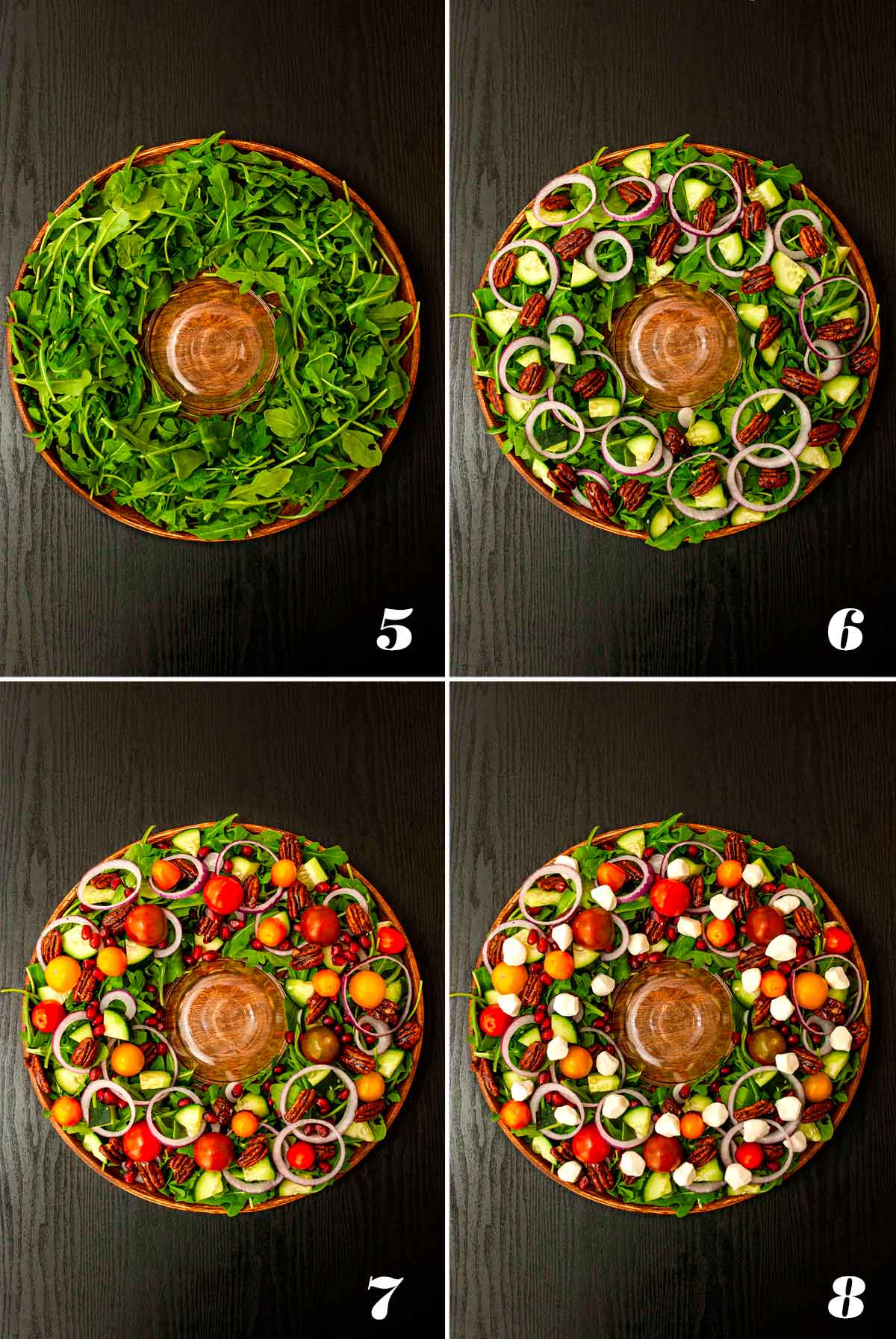 A collage of 4 numbered images showing how to assemble a Christmas salad.