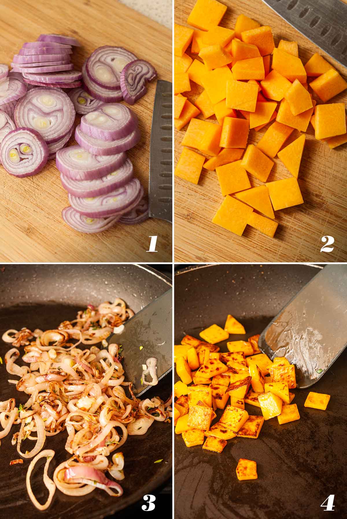 A collage of 4 numbered images showing how to prep a butternut squash quiche.