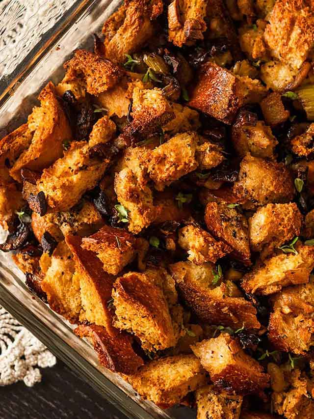 A pyrex full of Thanksgiving stuffing.