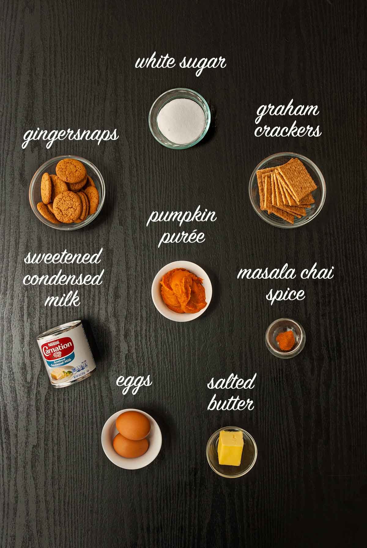 8 ingredients on a table with labels describing what they are.