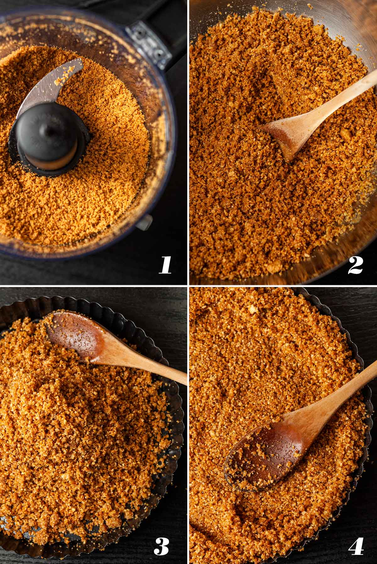 A collage of 4 numbered images showing how to prepare gingersnap pie crust.