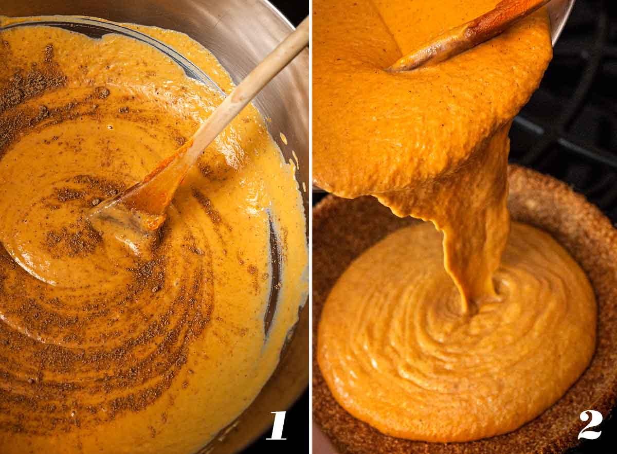 2 numbered images showing how to make pumpkin pie.