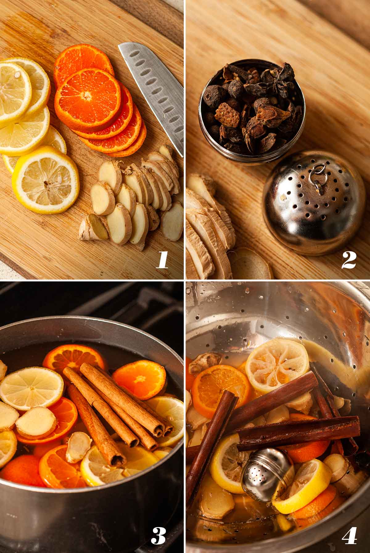 A collage of 4 numbered images showing how to prepare mulled ginger cider mimosas.