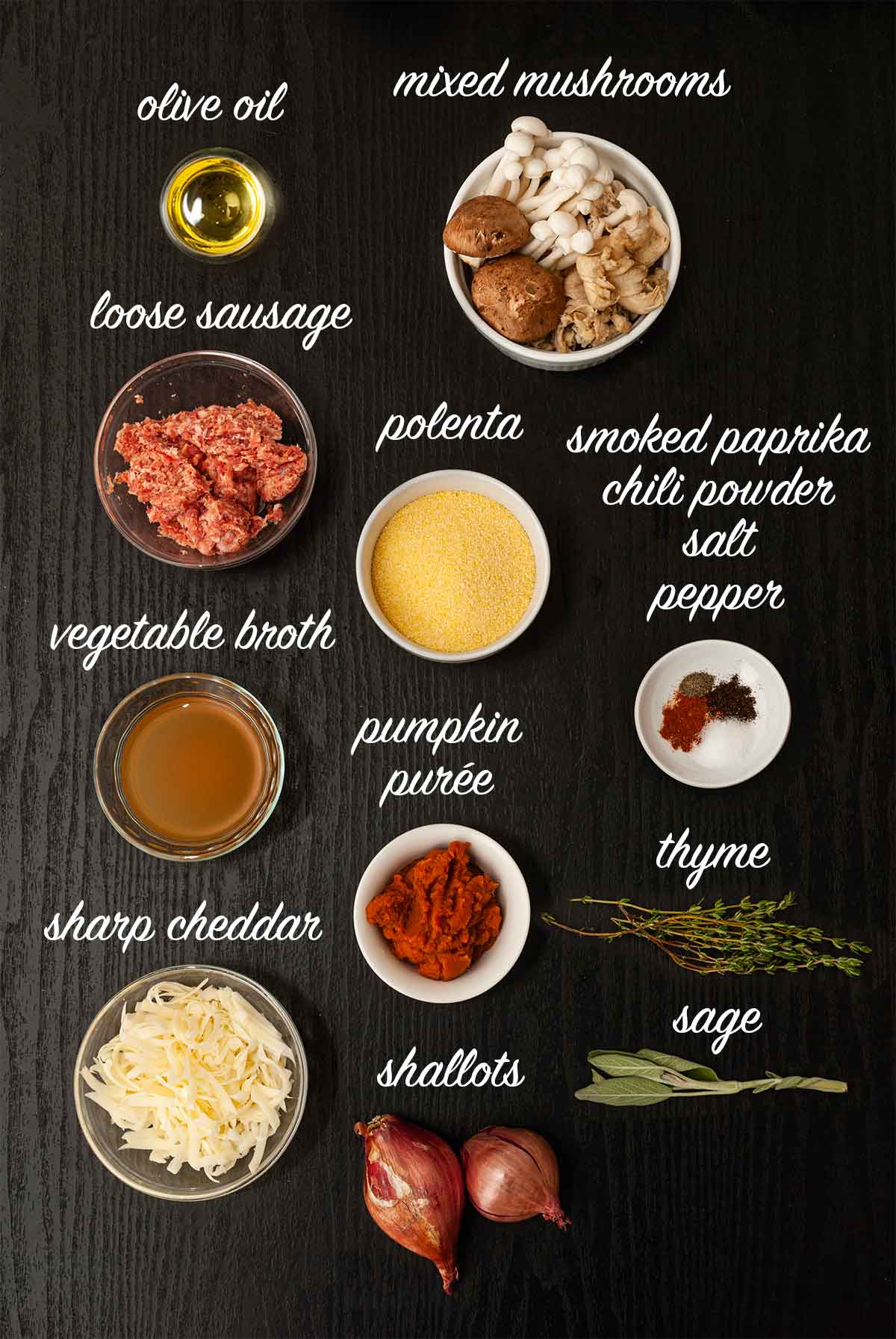 14 ingredients on a table with labels describing what they are.