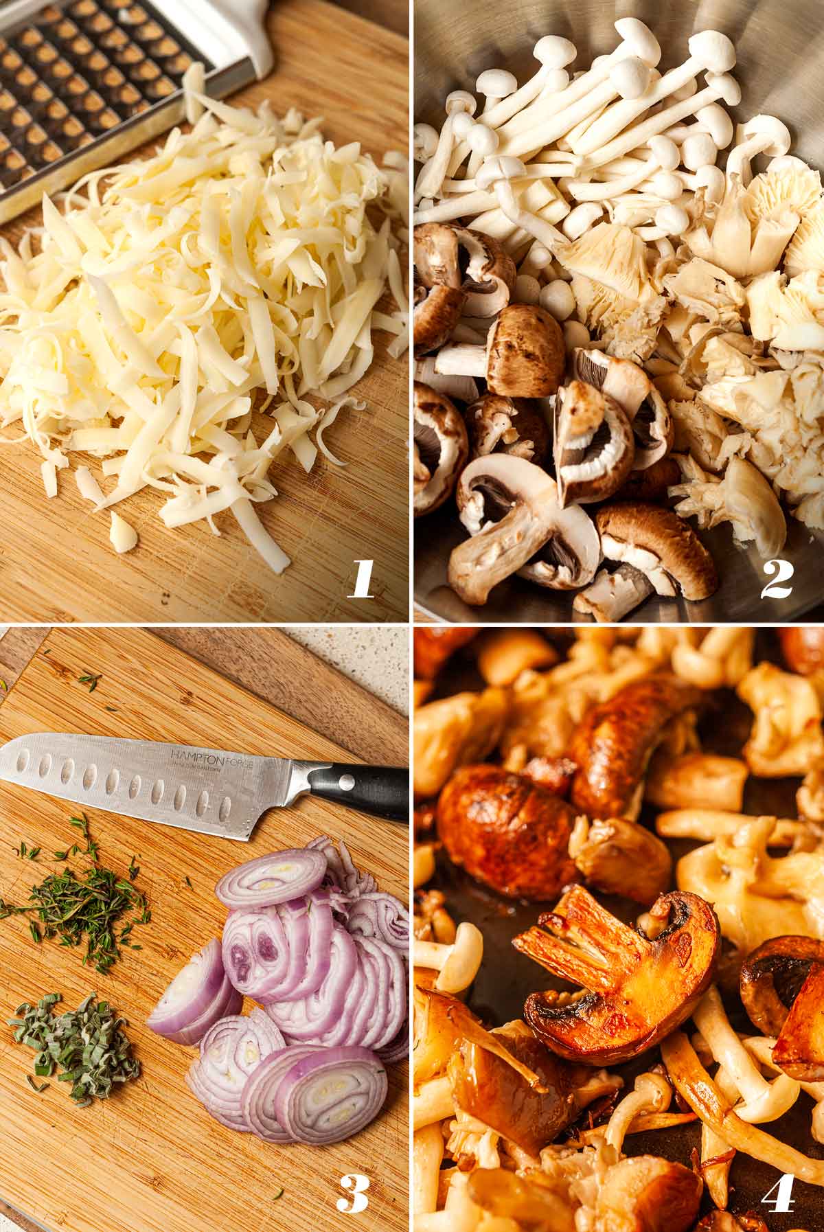 A collage of 4 numbered images showing how to prep pumpkin polenta with mushrooms.