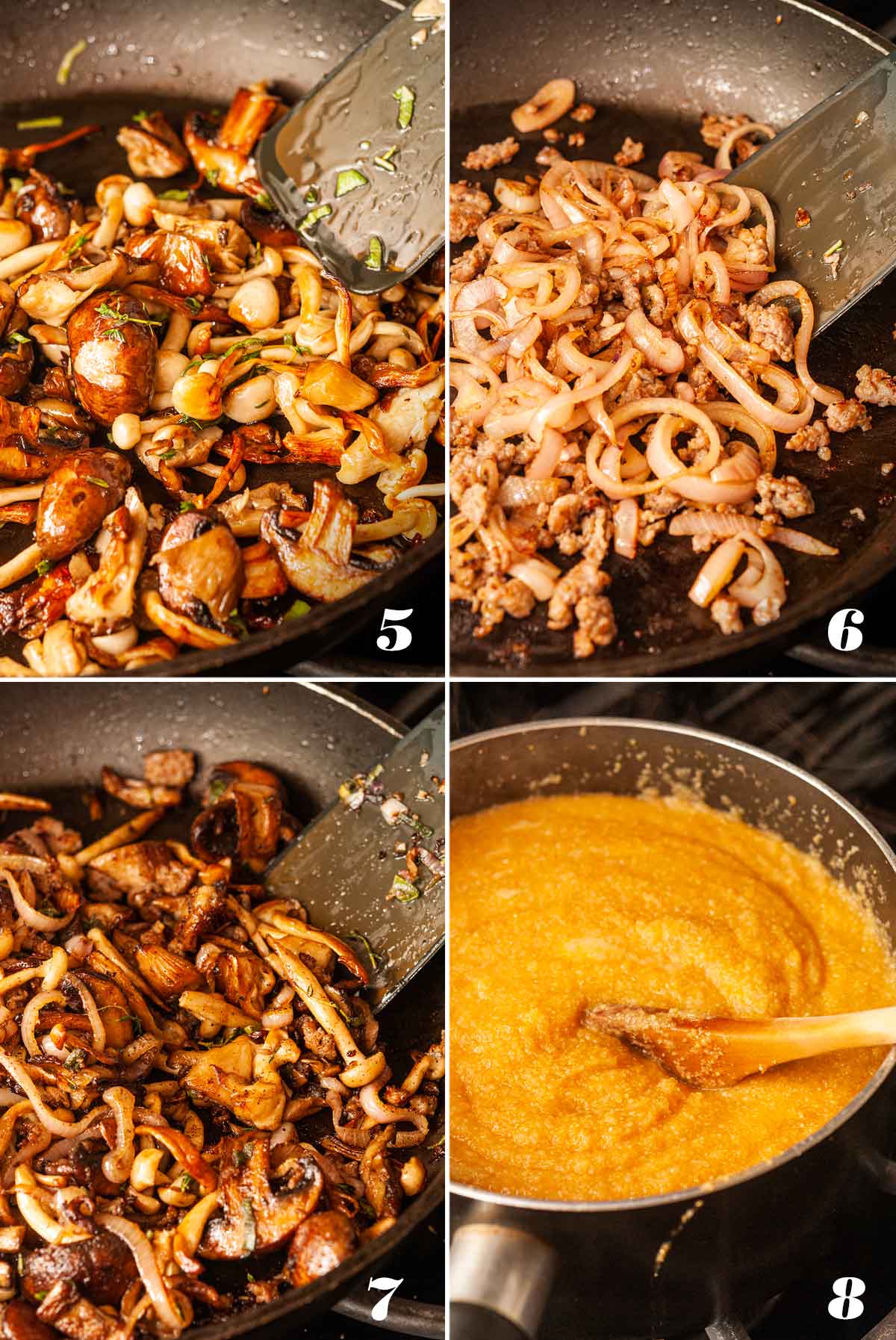 A collage of 4 numbered images showing how to make pumpkin polenta with mushrooms.