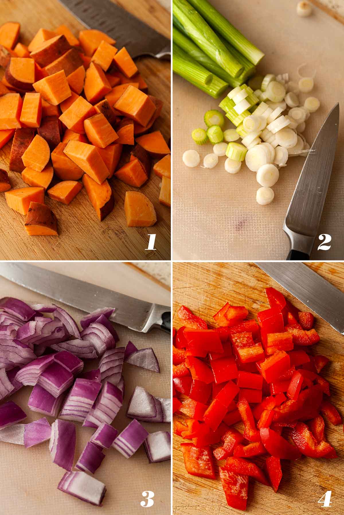 A collage of 4 numbered images showing how to prep sweet potato hash.