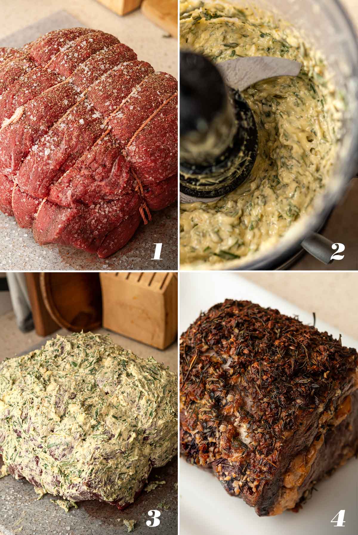 A collage of 4 numbered images showing how to make a top round roast beef.