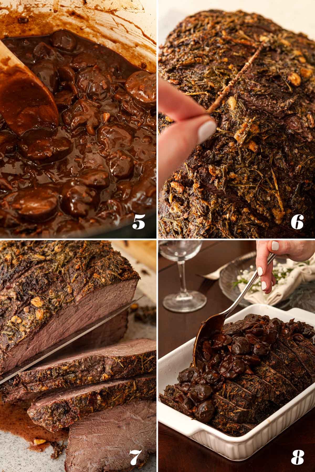 A collage of 4 numbered images showing how to prepare roast for serving.