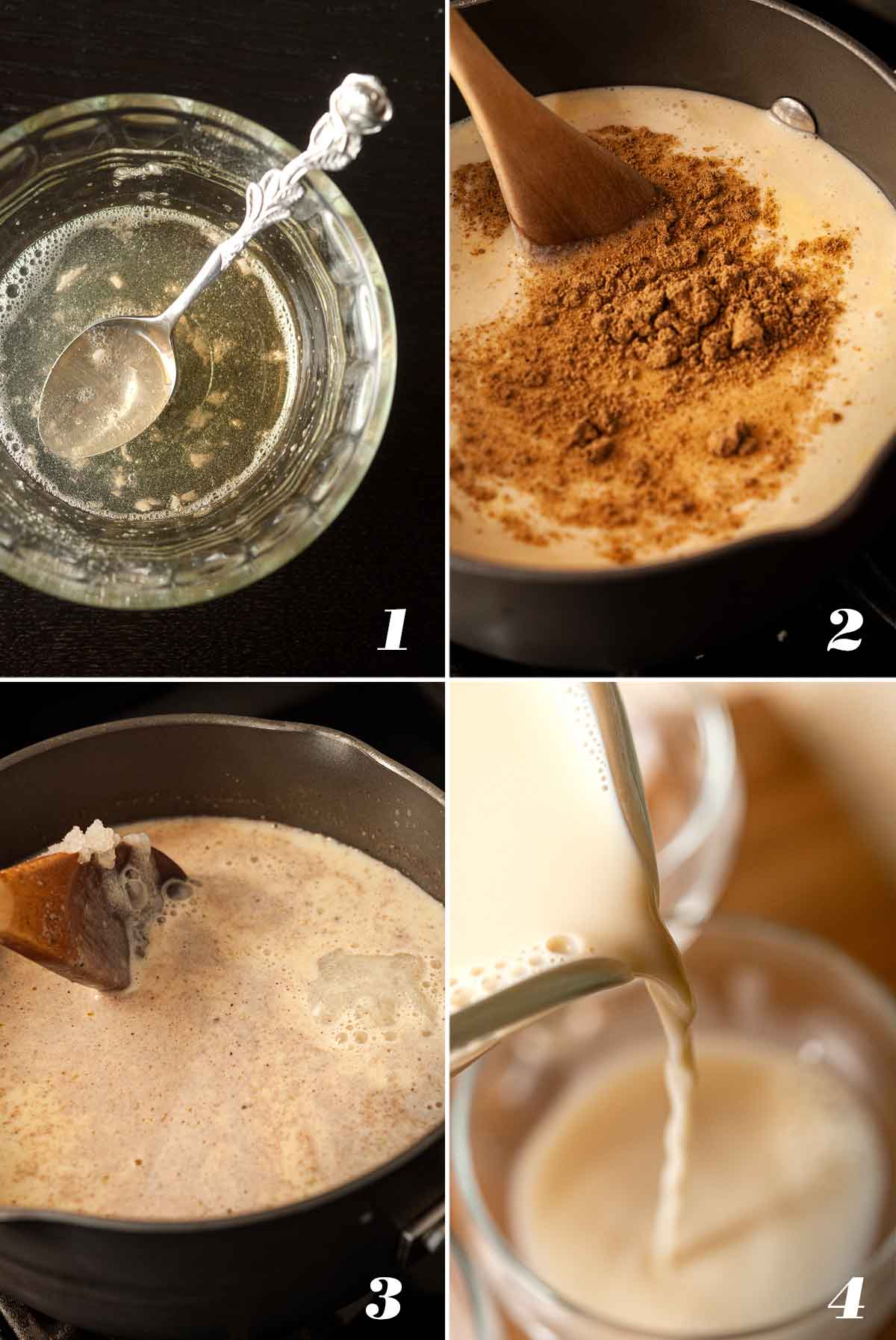 A collage of 4 numbered images showing how to make eggnog panna cotta.