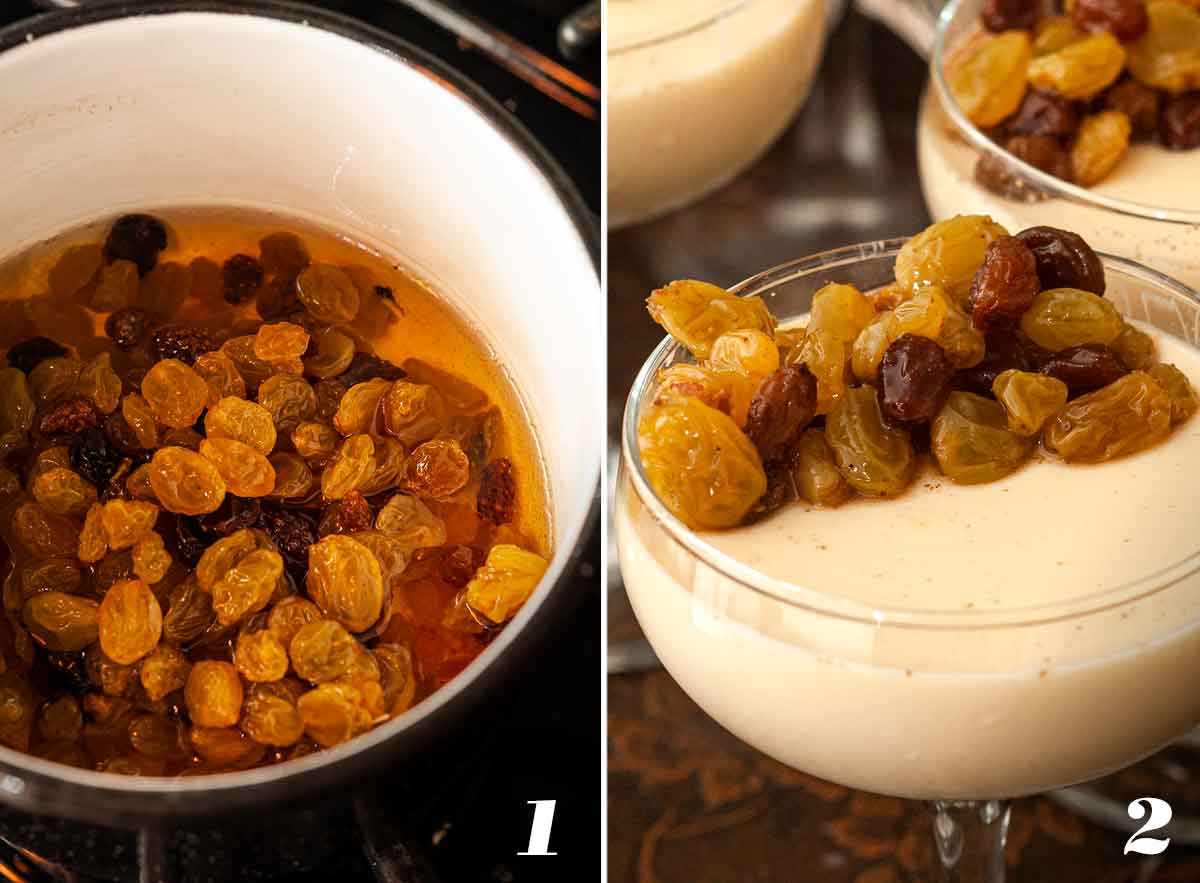 2 numbered images showing how to make rum raisins.