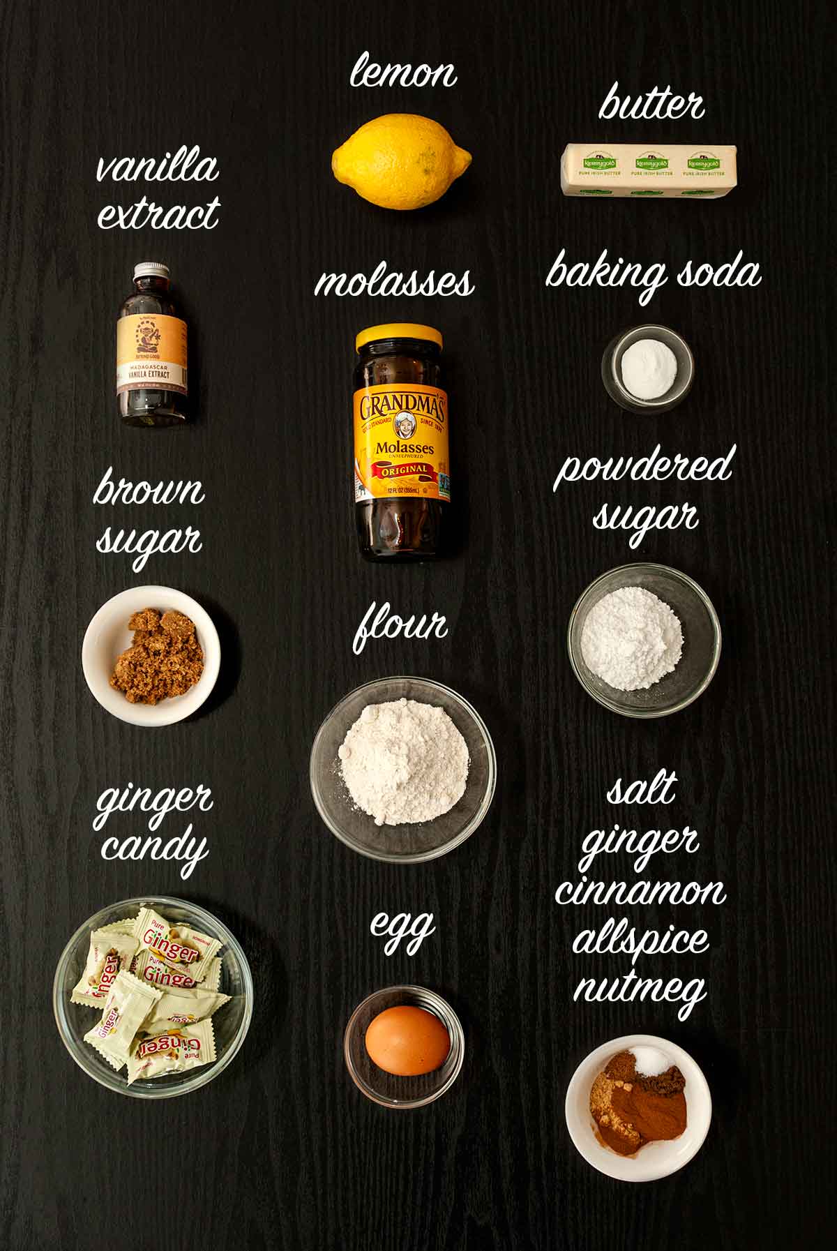 11 ingredients for making glazed gingerbread cookies with labels describing what they are.