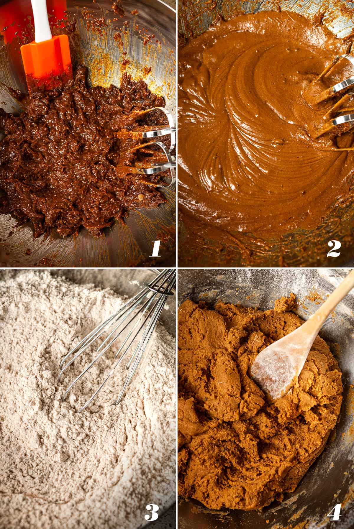 A collage of 4 numbered images showing how to make gingerbread batter.