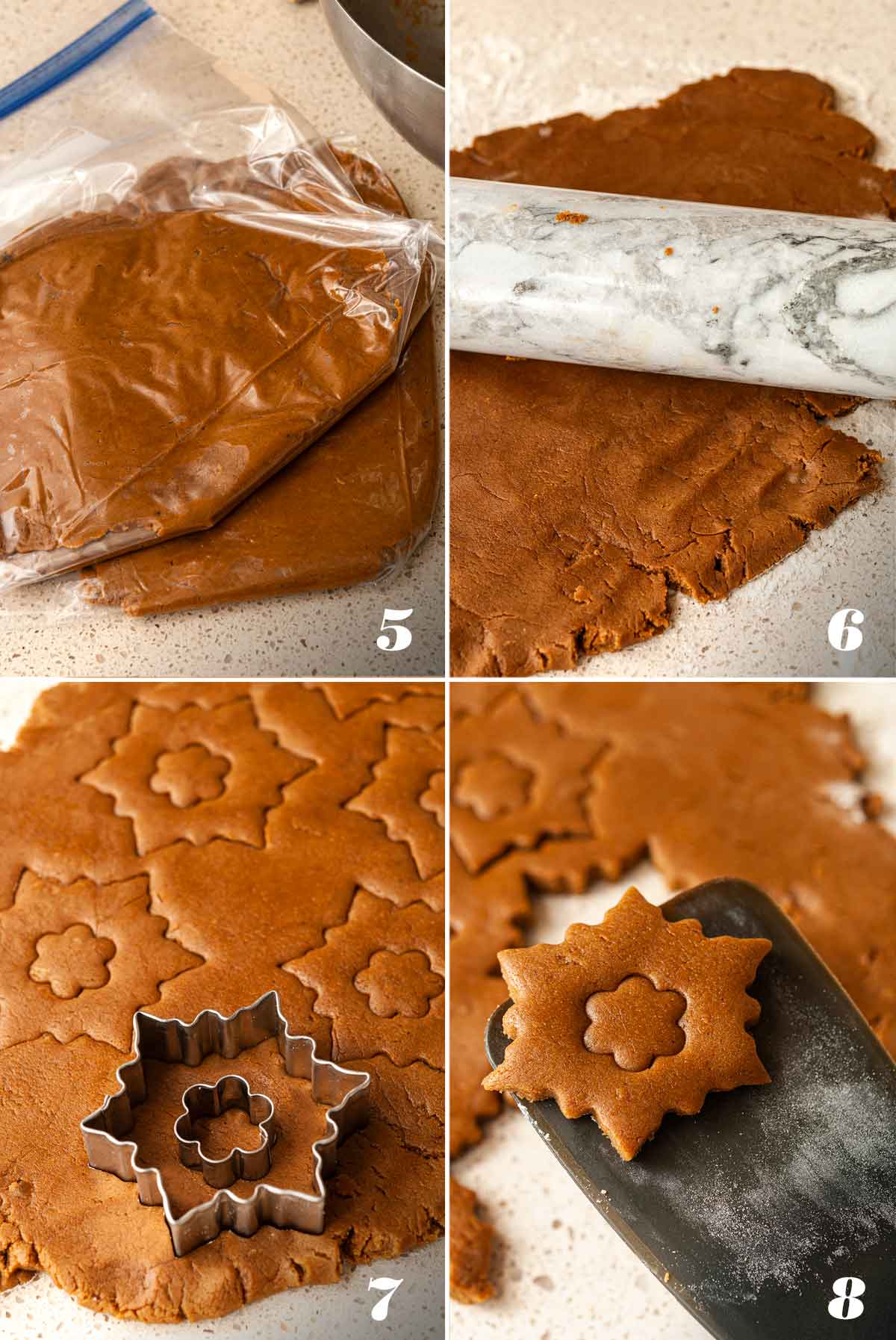 A collage of 4 numbered images showing how to roll and cut gingerbread cookies.