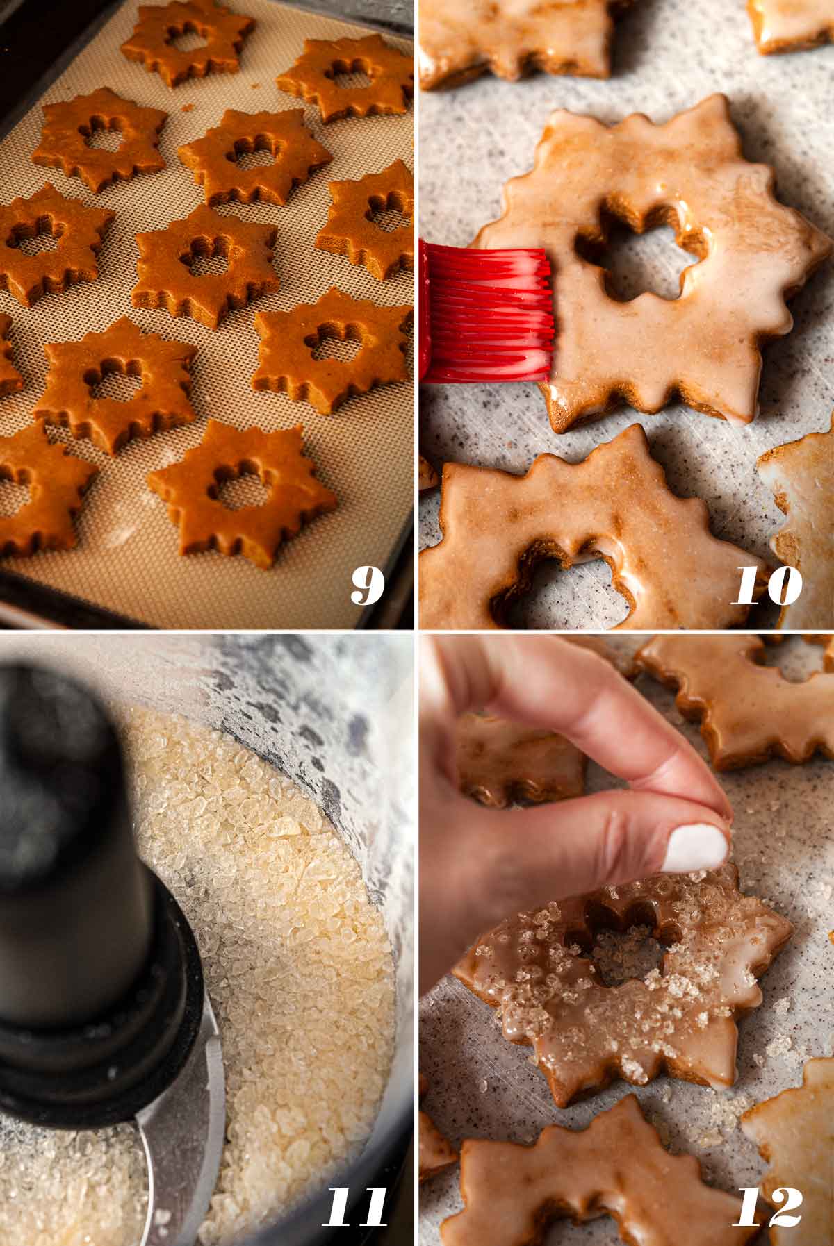 A collage of 4 numbered images showing how to glaze and sugar cookies.