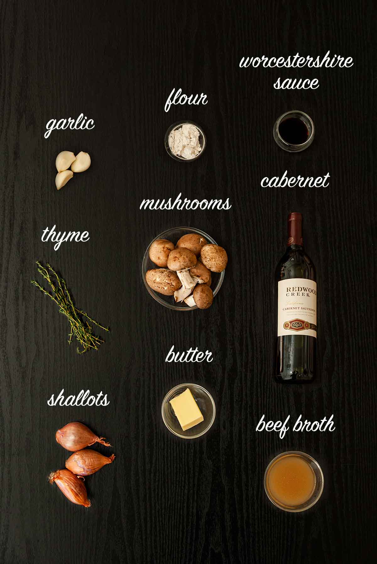 9 ingredients for red wine mushroom sauce on a table with labels.
