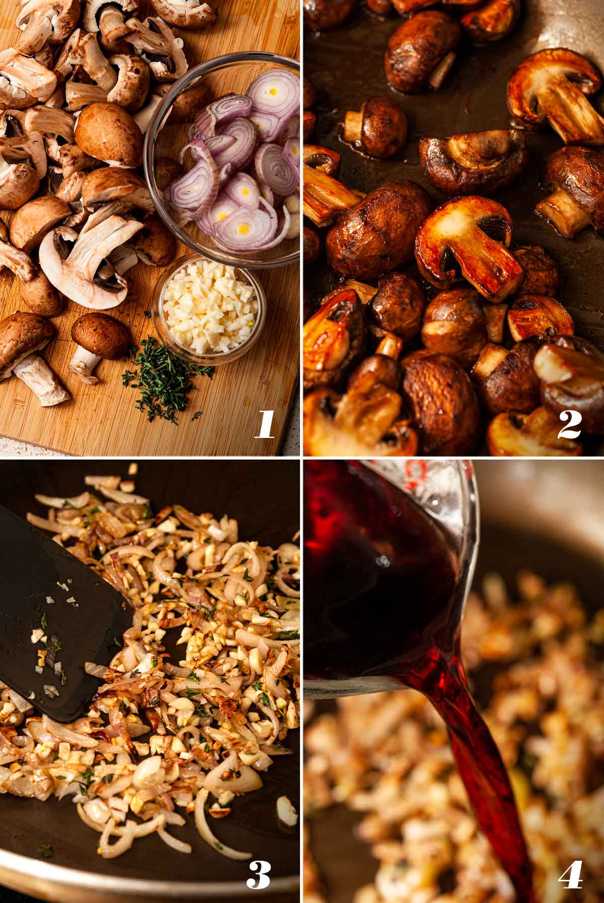 A collage of 4 numbered images showing how to prepare ingredients for red wine mushroom sauce.