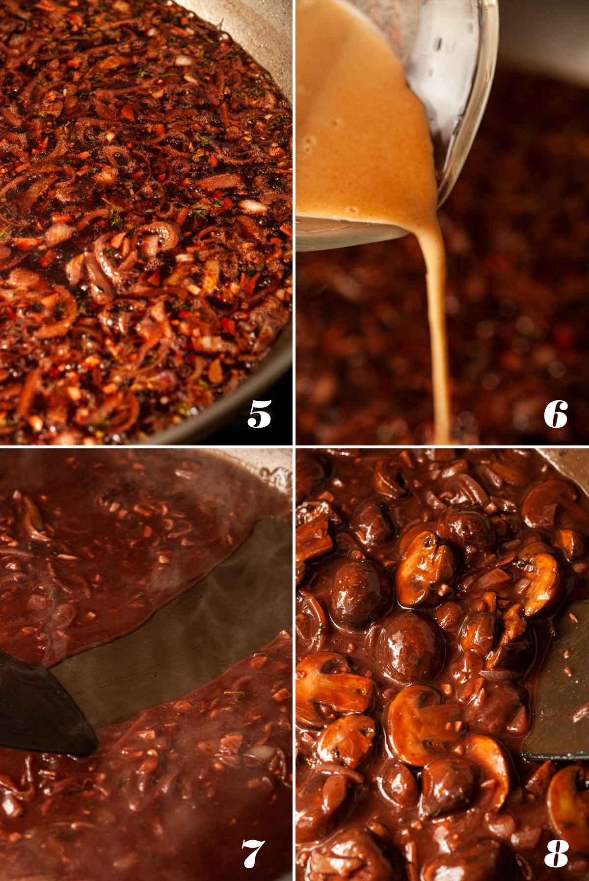 A collage of 4 numbered images showing how to make red wine mushroom sauce.