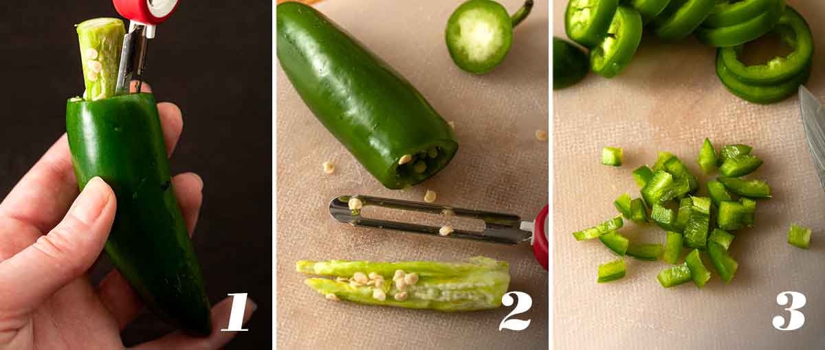 3 numbered images showing how to slice a jalapeno.