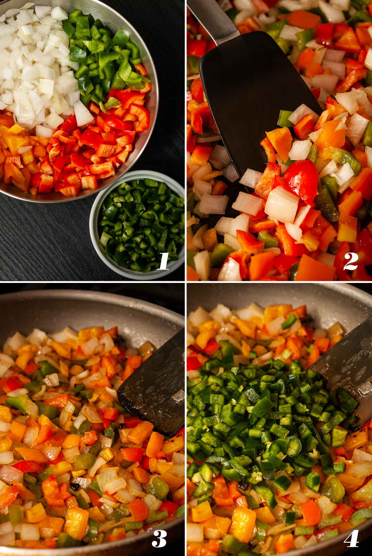 A collage of 4 numbered images showing how to prepare vegetables for chili.