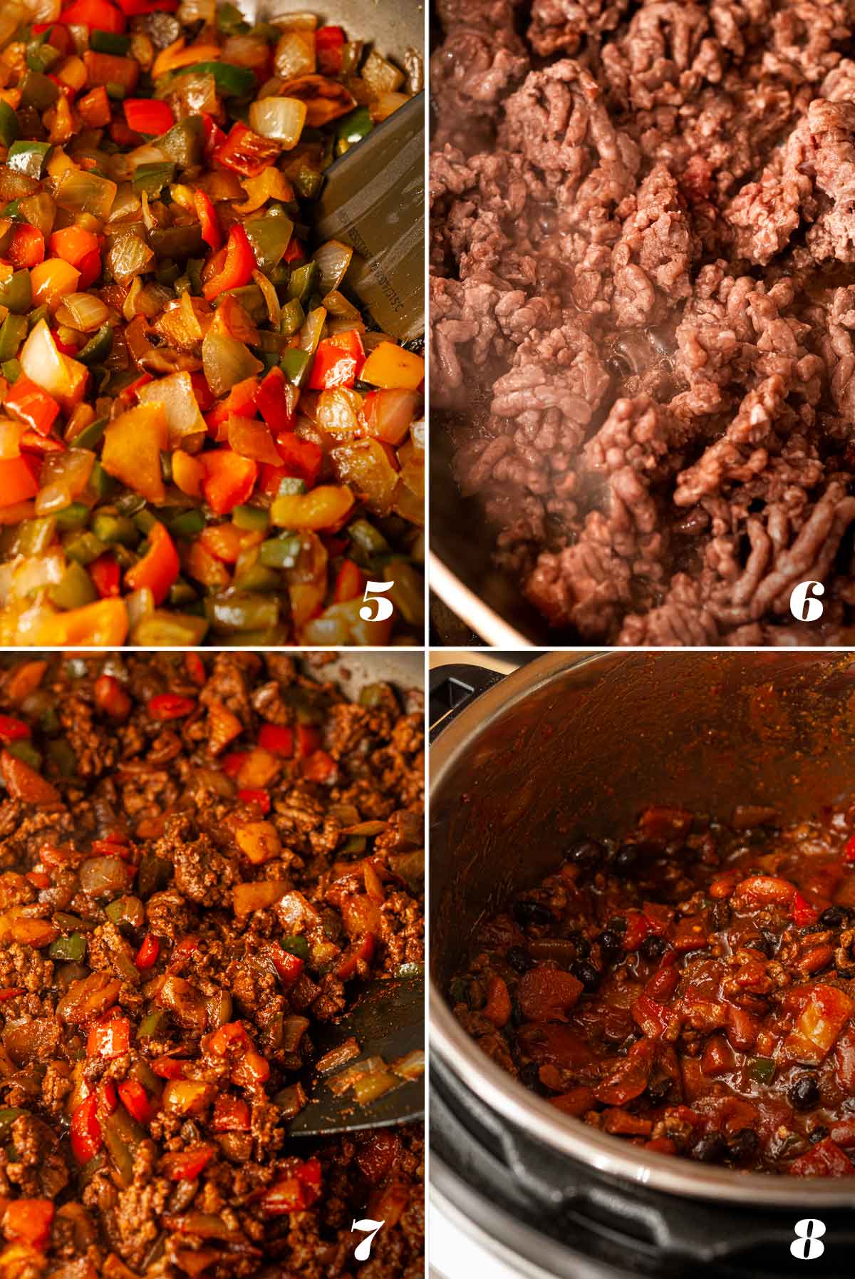 A collage of 4 numbered images showing how to make spicy beef chili.