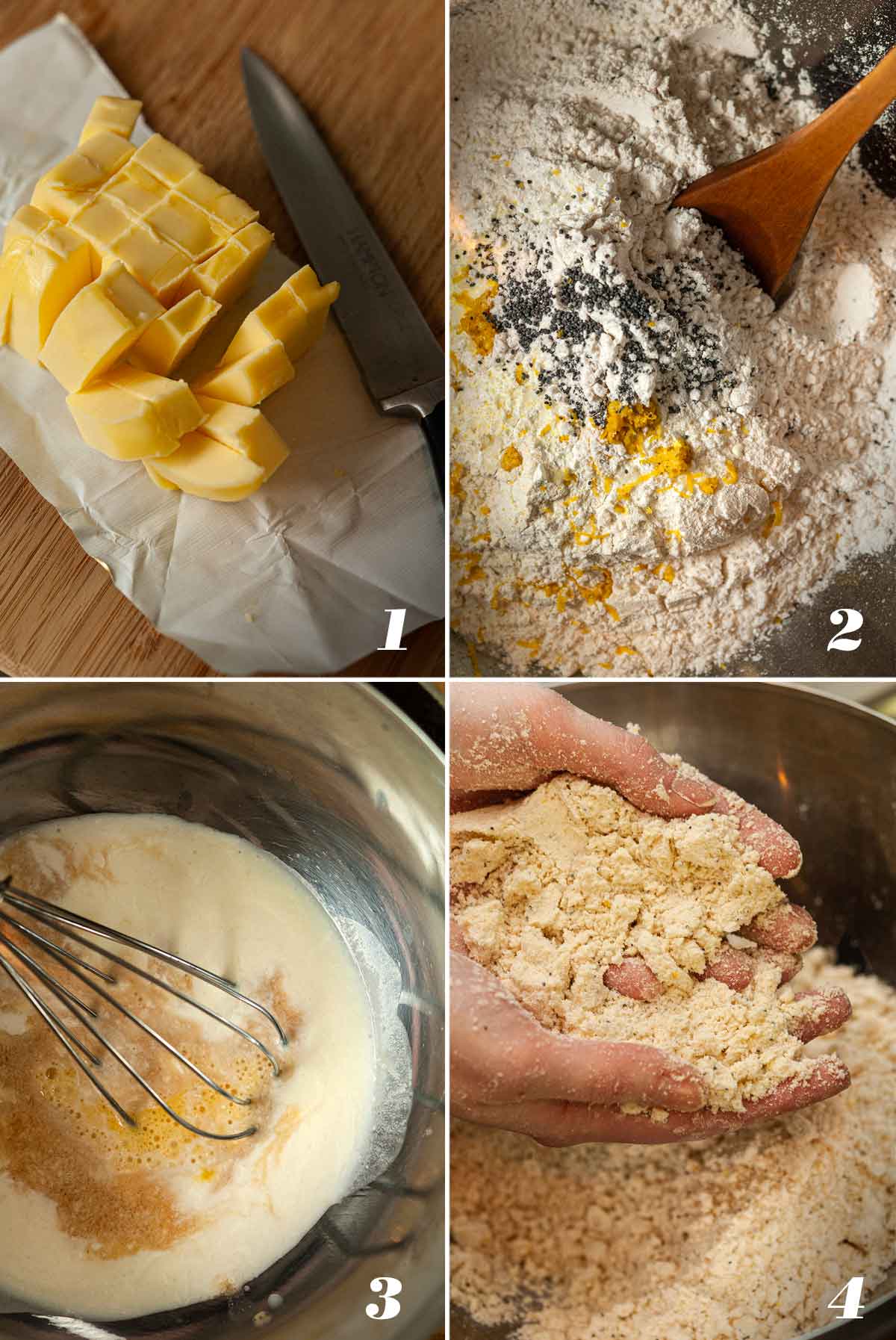 A collage of 4 numbered images showing how to make scone dough.